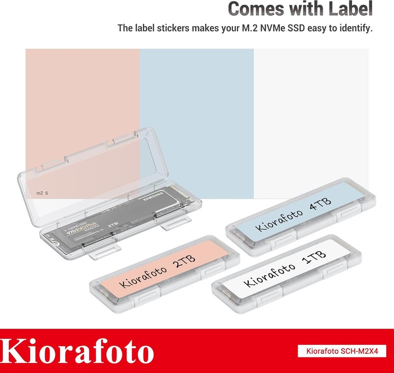Kiorafoto 4 Pack Clear Plastic M.2 2280 2260 2242 2230 SSD Case, Portable M.2 NVMe 2280 SSD Holder Protective Box Storage with Label, Individual M.2 Drive Storage Case Anti-Static & Shockproof - Image 4